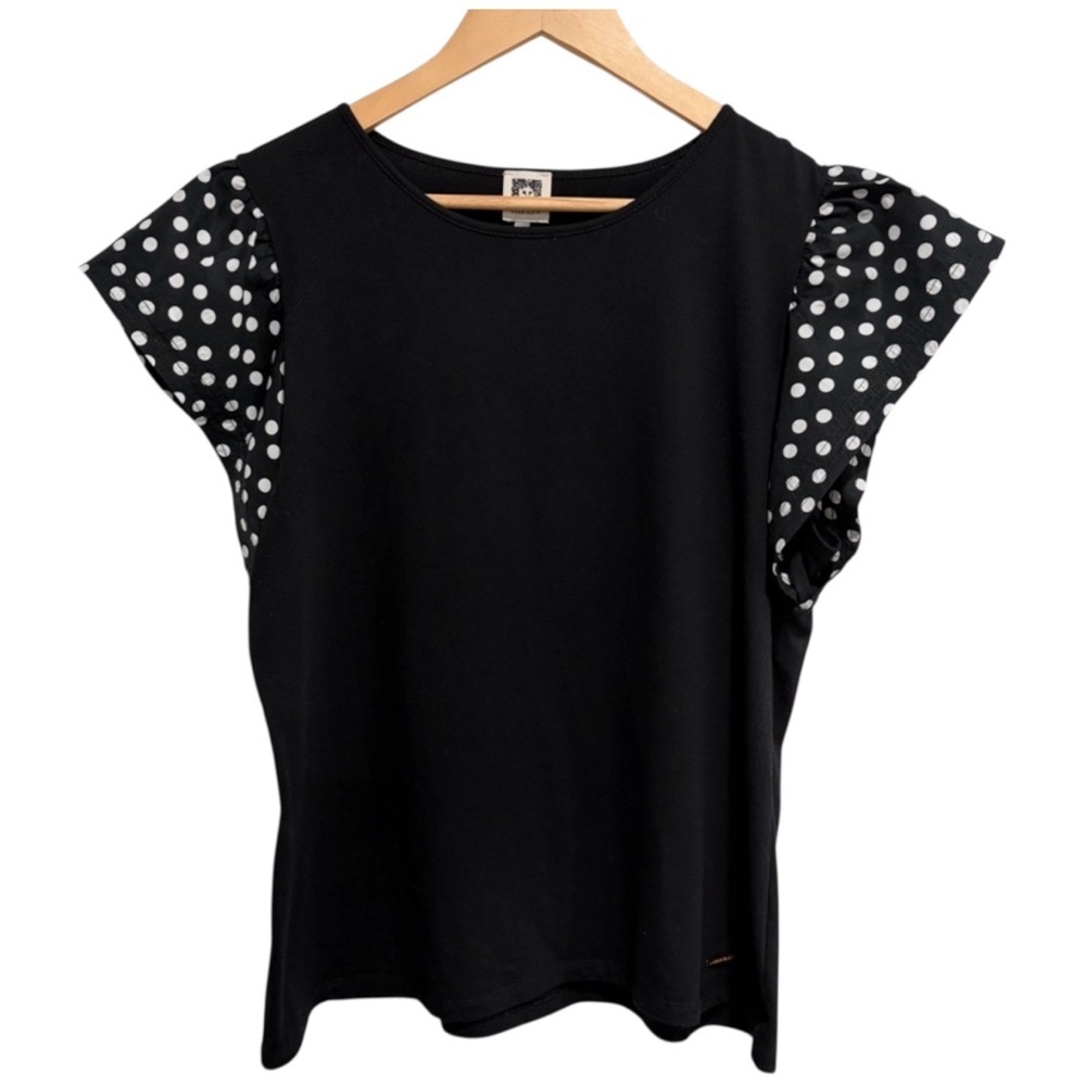 Anne Klein Black and Polka Dot Flutter Sleeve Women’s Top Large Cotton Blend